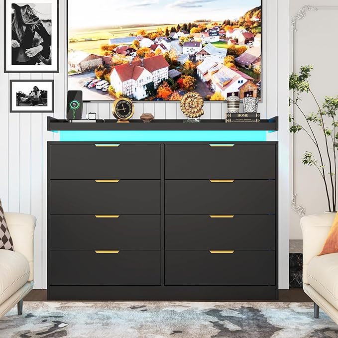 8 Drawer Dressers for Bedroom, Black Dresser with LED Lights and Power Outlet, Wood LED Dresser, Double Wide Modern Chest of Drawers for Bedroom, Entryway, Hallway