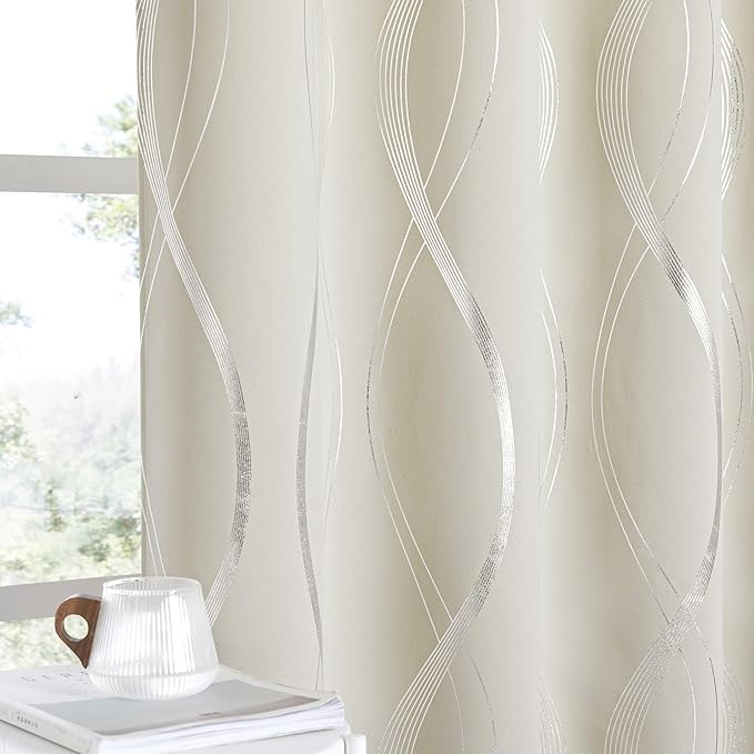 NICETOWN Blackout Curtains Panels for Bedroom - Microfiber Noise Reducing Thermal Insulated Wave Line Foil Print Design Blackout Curtains for Patio Sliding Glass Door (2 Panels, 52 x 72 Inch, Beige)