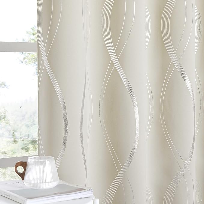 NICETOWN Blackout Short Curtains Panels for Bedroom, Microfiber Noise Reducing Thermal Insulated Wave Line Foil Print Design Blackout Curtains for Office, Classroom (2 Panels, 52 x 54 Inch, Beige)
