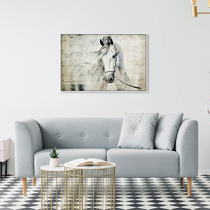 Country Farmhouse Canvas Print Painting Animal Wall Art 'Southern White Horse' White Framed Canvas Rustic Home Décor 30x20 in Gray, Brown by Oliver Gal