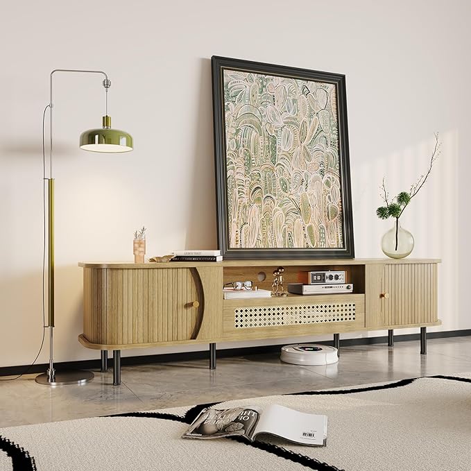 basenji 71" Fluted TV Stand with Sliding Doors & Rattan,Mid Century Modern Entertainment Center with Storage,Curved Edge Design,Media Console for TVs up to 85",TV Consoles for Living Room,Wood