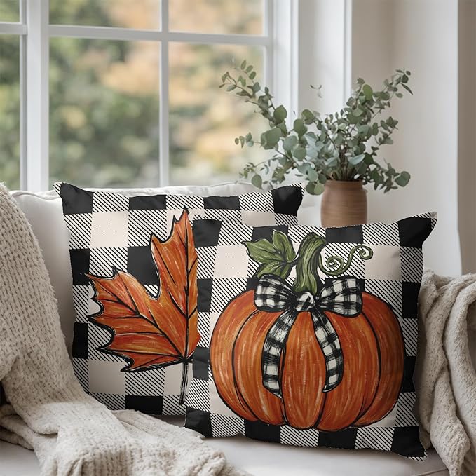 Fall Outdoor Throw Pillow Covers 22x22 Set of 2 Orange Pumpkin Maple Leaves Buffalo Plaid Autumn Decorative Pillow Cases Farmhouse Thanksgiving Cushion Cases for Couch Sofa
