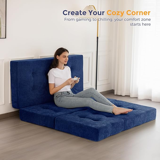 MAXYOYO Tri-Fold Mattress, 6 Inch Tufted Folding Mattress with Chenille Fabric, Portable Twin Size Floor Guest Mat for Adults, Foldable Topper for Camping, Navy, 35.4"x75"