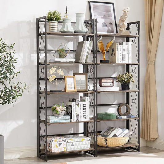VECELO Folding Bookshelf, 5 Shelf Folding Bookcase No Assembly, Industrial Metal Freestanding Shelves Rack Organizer for Living Room, Office, Bedroom, Kitchen