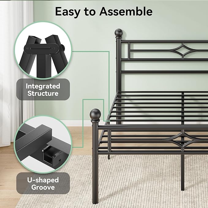 BedsPick Full Bed Frame with Headboard and Footboard, Metal Platform Bed Frame with Round Corner Ball, 1200 LBS Heavy Duty Steel Slats Support, No Box Spring Needed/Noise-Free/Easy Assembly, Black