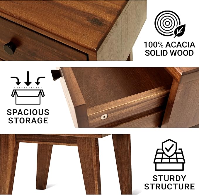 Acacia Sofia Nightstand with Drawer, Bedside Table, Solid Wood Bedside End Table with Drawer and Storage Space for Bedroom, Walnut