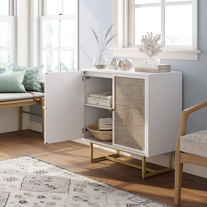 Nathan James Kova Rattan Wood Accent Natural Sideboard Storage Cabinet TV Stand with Matte Metal Frame, Adjustable Shelves and Cane Doors, for Hallway, or Living Room, White/Cane/Brass, Set of 3