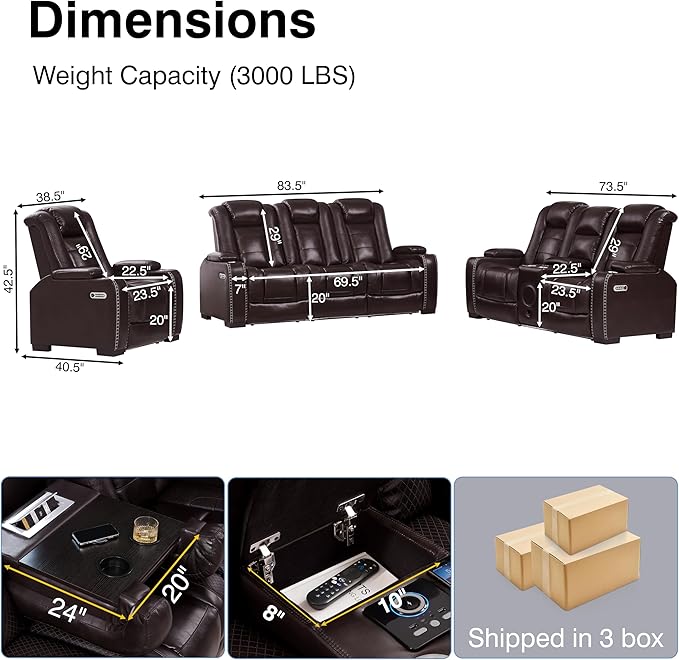 THSUPER Power Brown Leather Recliner Sofa for Living Room Furniture Sets with Arm Storage and Power Headrest, Leather Living Room Reclining Couch Set with Wireless Charge and Bluetooth Speaker. | Breathable material, LED ambient light, Reading light, H...