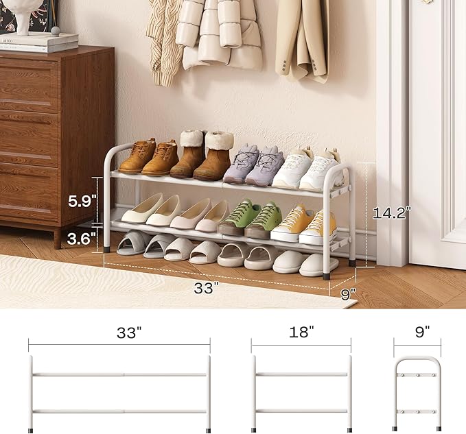 Shoe Rack for Closet, Black 2-Tier Expandable Closet Shoe Rack Metal Organizer, Heavy Duty Shoe Storage Shelf for Entryway, Doorway, Narrow Space