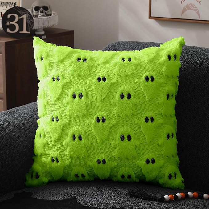 DFXSZ Halloween Pillow Covers 18x18 inch Set of 2 Green Ghost Throw Pillow Cases Soft Plush Faux Fur Wool Couch Cushion Case for Chair Sofa Bedroom Living Room Home Decor PTK03Y18