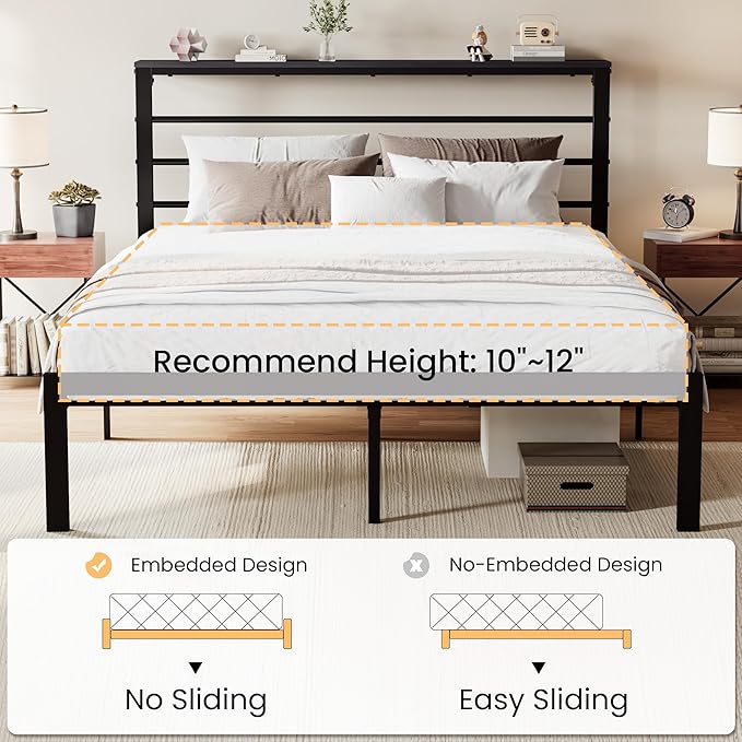 SHA CERLIN Full Size Bed Frame with Headboard Shelf and Strong Metal Foundation, No Box Spring Needed, Black