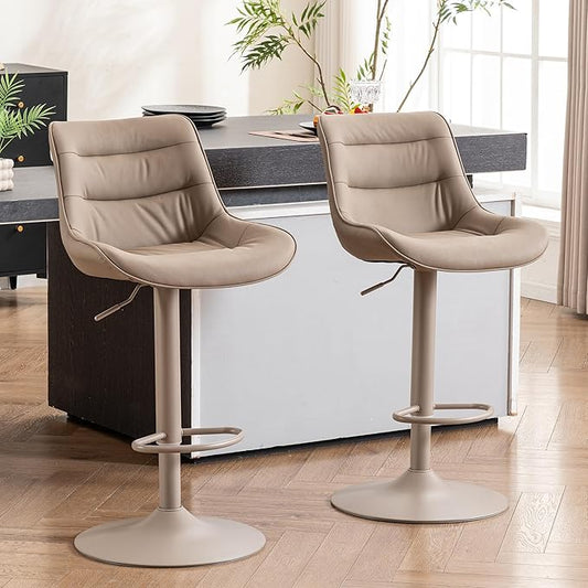 Kidol & Shellder Bar Stools Set of 2, Adjustable Swivel Counter Height Stools with Back, PU Faux Leather Upholstered, Modern Kitchen Island Home Bar Chair, Khaki