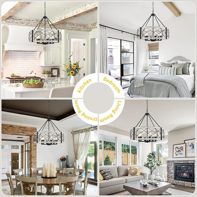 Modern Chandelier for Dining Room, 6-Light Wood Grain Finish Farmhouse Chandelier, 21.6” White Rustic Drum Hanging Light Kitchen Island, Round Metal Hanging Light Fixture for Foyer, Entryway, Bedroom