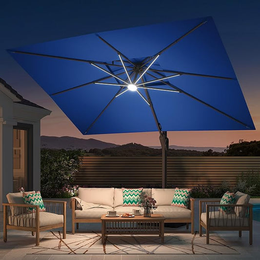 10' X 13' Patio Umbrella with LED Lights Outdoor Cantilever Large Rectangle Offset Umbrellas Heavy Duty Aluminum Double Top with 360-degree Rotation for Pool Garden Deck, Navy