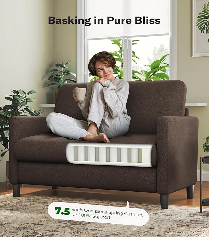 Welzona Loveseat, 51" Small Couch, Comfy Teddy Love Seat for Living Room, Tool-Free Setup Loveseat Sofa for Small Spaces, All-Wood Small Sofa Couch for Bedroom, No Pillow Included, Brown