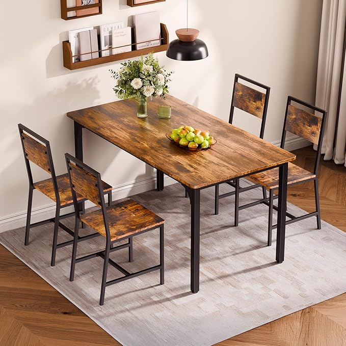 VEVOR Dining Chairs Set of 2, Wooden Chairs with Metal Frame and Backrest, Easy to Assemble Leather Side Chair, Modern Farmhouse Walnut Chair for Kitchen Living Room, Rustic Brown and Black