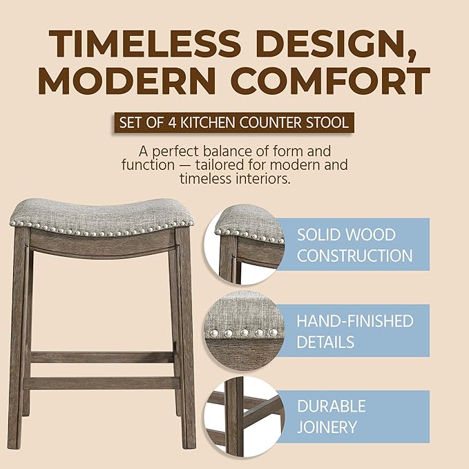 ROME + OAK Set of 4 Parker 26 Inch Counter Stool, Backless Saddle Kitchen Barstool in Walnut Finish with Grey Fabric Upholstery Cushion Seat