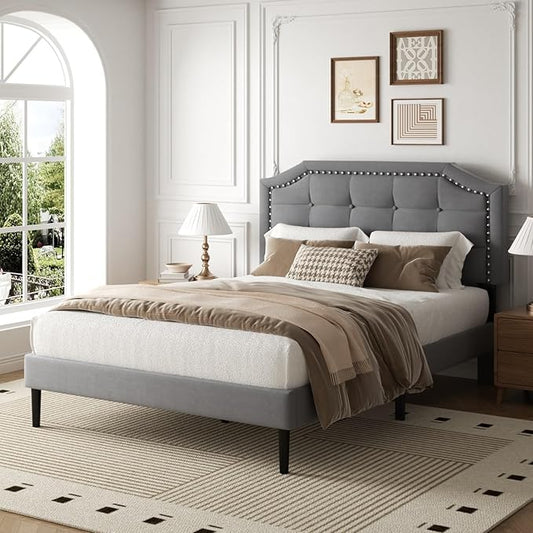Full Size Bed Frame, Full Size Platform Bed Frame with Upholstered Button Tufted Headboard, Strong Wood Slats, No Box Spring Needed, Mattress Foundation, Easy Assembly Grey