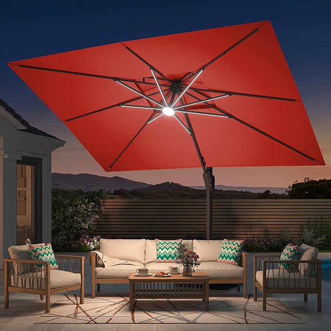 10' X 13' Patio Umbrella with LED Lights Outdoor Cantilever Large Rectangle Offset Umbrellas Heavy Duty Aluminum Double Top with 360-degree Rotation for Pool Garden Deck, Red