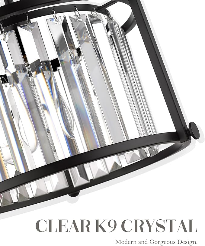 Crystal Flush Mount Ceiling Light, 1-Light Black Ceiling Light, Modern Flush Mount Chandelier for Bedroom Kitchen Laundry Entryway, CL4832-1W-BK