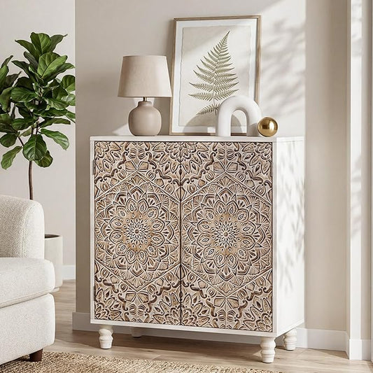 COSIEST 32" W Sideboard Buffet Cabinet with Storage, Accent Cabinet with 2 Push-to-Open Magnetic Doors, Vintage MDF Buffet Table for Living Room, Kitchen, Hallway (Gray,Firework Pattern)
