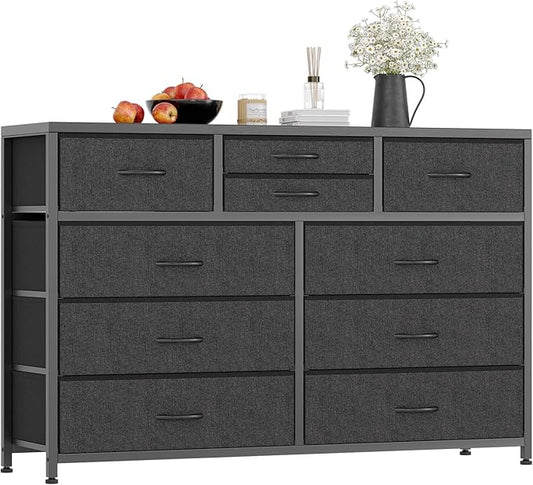 GAOMON 10 Drawers Fabric Dressers for Bedroom, Modern Chest of Drawers, Lightweight Entertainment Center with Fabric Bins for Living Room, Hallway, 45" Wide TV Stand Dressers, Wood Top (Black_1)
