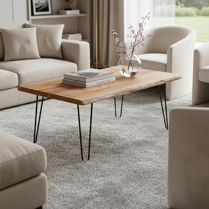 Alaterre Furniture Live Edge Wood Coffee Table with Hairpin Metal Legs – Rustic Modern Farmhouse Living Room Table with Acacia Wood Top (48 Inch)