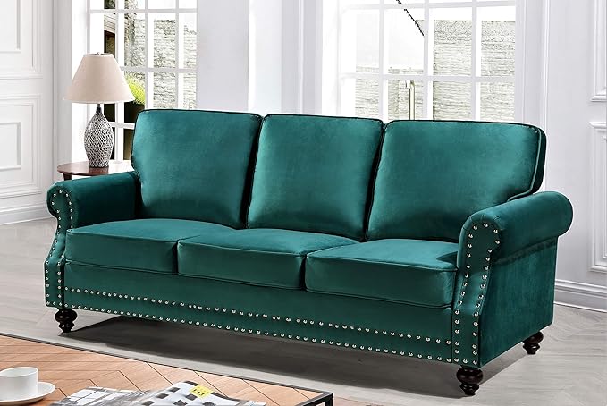 Container Furniture Direct Lotus Mid Century Modern Velvet Upholstered Living Room Rolled Arms, Chair, Loveseat and Sofa, Green