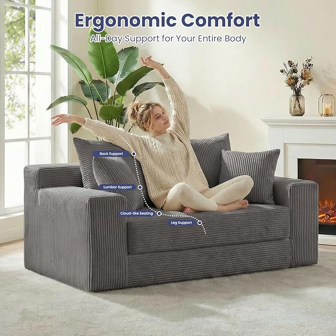 3-in-1 Convertible Sofa Bed: Boneless Loveseat Sleeper & Folding Couch Bed with 4 Pillows & Detachable Cushion for Bedroom, Small Space, Guest and Living Room, Corduroy Futon, No Assembly,Grey