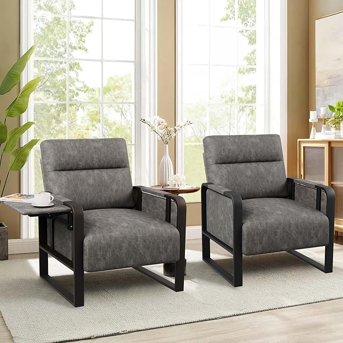 Modern PU Leather Accent Chairs Set of 2 Upholstered Armchairs with Side Table Leisure Side Chairs for Living Room Bedroom Office Grey