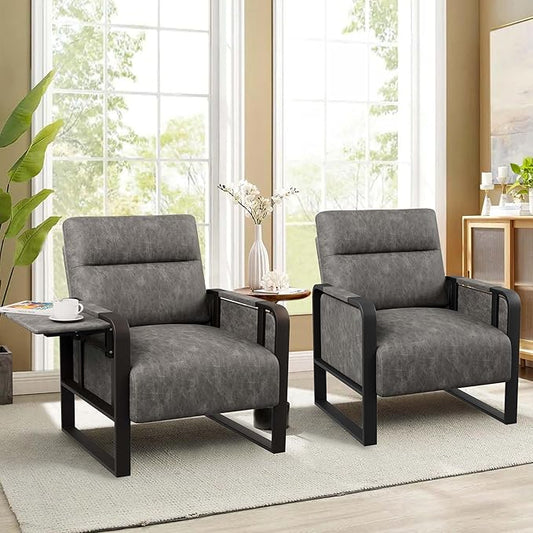 Modern PU Leather Accent Chairs Set of 2 Upholstered Armchairs with Side Table Leisure Side Chairs for Living Room Bedroom Office Grey