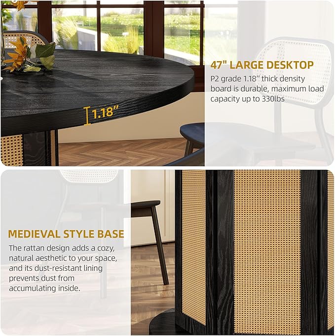 YITAHOME Round Dining Table for 4-6 People 47 Inch Circle Dining Table with Wooden Rattan Base Modern Farmhouse Kitchen Table Round for Dining Room Kitchen Apartment, Black