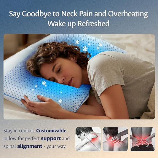 Adjustable Cooling Gel Memory Foam Pillows Queen Size for Sleeping 1 Pack,Thick Firm Bamboo Rayon Shredded Bed Pillow for Side,Back,Stomach Sleepers Washable Breathable Pillowcase,Gifts College Dorm