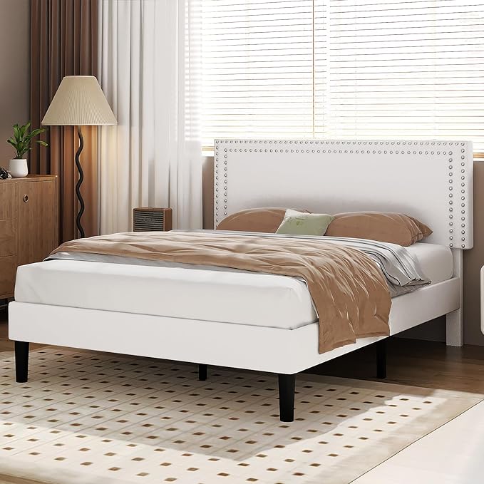 VECELO Full Size Bed Frame with Adjustable Upholstered Headboard, Wooden Slats Platform, Noise-Free Design, Easy Assembly