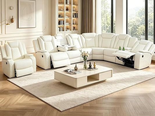 Power Reclining Sectional Sofa Set with LED, Living Room Furniture Sets, Leather Recliner Couch for Living Room/Home Theater, Sectional Couch and Chair with 3 Recliners, USB Port/Hide-Away Storage