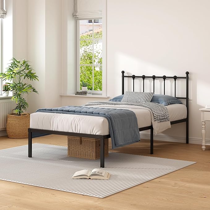 Twin Size Bed Frame with Modern Headboard, Metal Platform Bed Base with Strong Support, No Box Spring Needed, Easy Assembly, Noise Free，Black