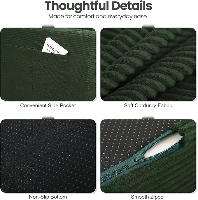 COMAX Futon Sofa Bed, Boneless Loveseat Couch in A Box, 67" L-Shaped Convertible Sofa Bed Corduroy for Living Room, Fold Out Small Foldable Loveseat Foam with Movable Ottoman, Floor Sleeper, Green