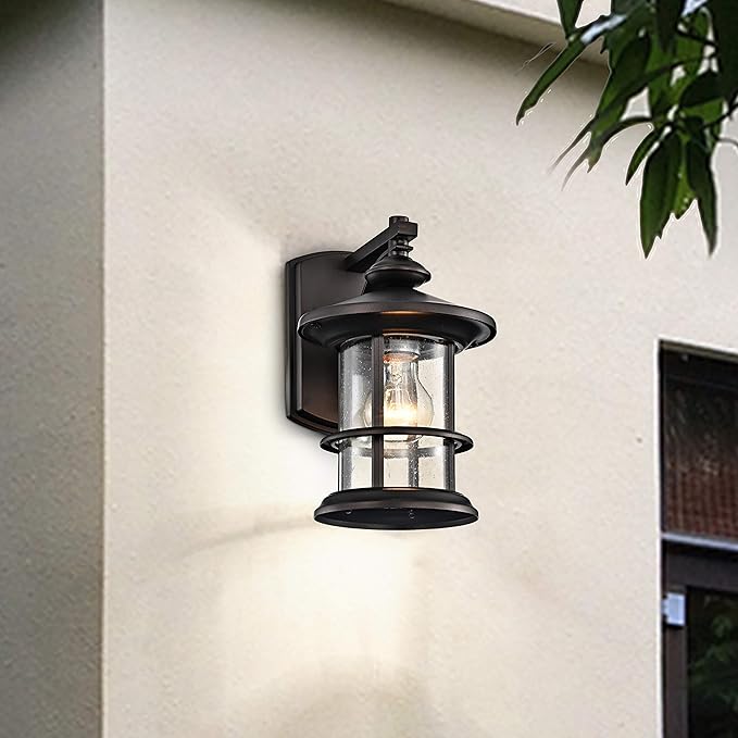 MICSIU 100W Max Vintage Farmhouse Outdoor Wall Light, 10 Inch Oil Rubbed Bronze Metal Exterior Sconce, Clear Seedy Glass Porch Light for Entryway, Garage, or Bathroom