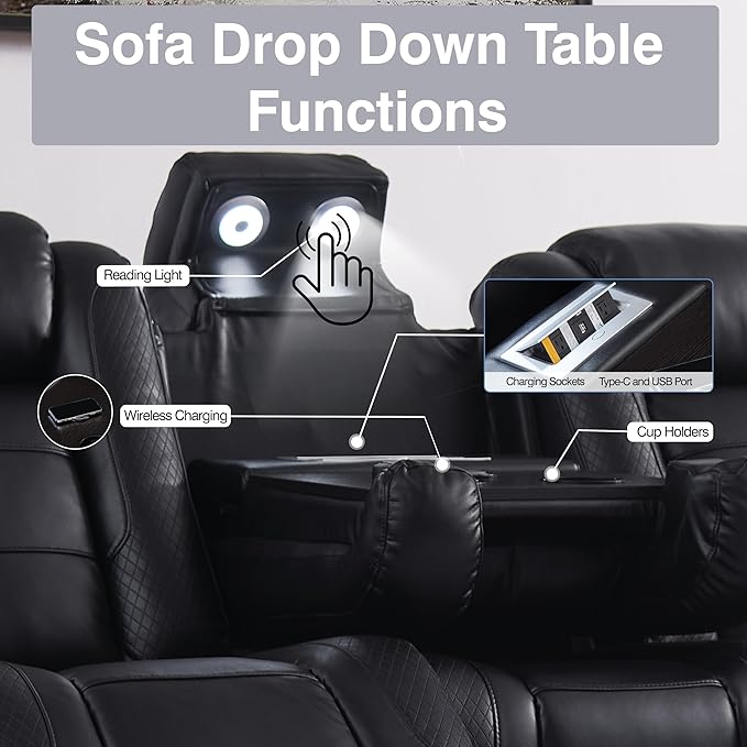 THSUPER Power Black Leather Recliner Sofa for Living Room Furniture Sets with Arm Storage and Power Headrest, Leather Living Room Reclining Couch Set with Wireless Charge and Bluetooth Speaker. | LED ambient light, Reading light, Hidden outlet, USB and...