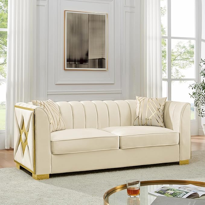 KEIKI 81" Luxury Oversized Velvet Chesterfield Sofa with 2 Pillow & Gold Stainless Decoration, Mid-Century Style 3-Seater Button Tufted Couch with Square Arms, Easy Assembly, for Living Room, Beige