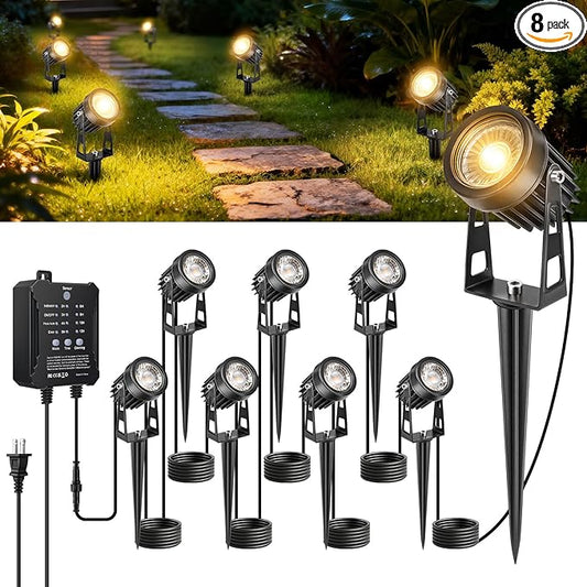 All-in-One Low Voltage Landscape Lighting Kit, 8 Pack Landscape Lights with Smart Transformer, Dimmable Waterproof Outdoor LED SpotLights, 24V LED Landscape Lights for Yard, Garden(Warm White)