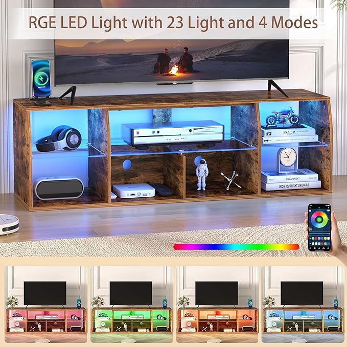 VECELO LED TV Stand for 55 inch, Entertainment Center with Power Outlets, Industrial Television Cabinet with 7 Open Storage Shelves, for Living Room and Bedroom, Retro Brown, 55inch
