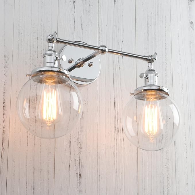PERMO Double Sconce Vintage Industrial Antique 2-Lights Wall Sconces with Dual Mini 5.9" Round Clear Glass Globe Shade (Chrome)