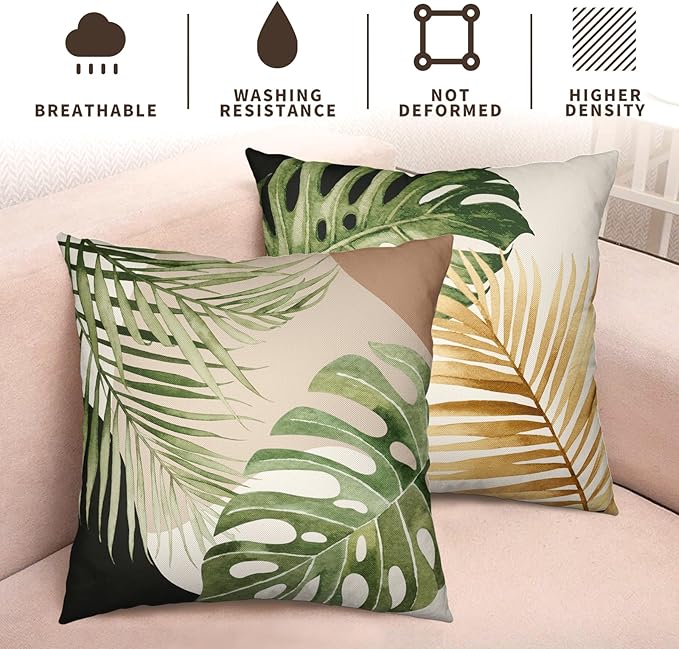 Tropical Palm Leaves Decorative Throw Pillow Covers 18x18 Inch Set of 2 Summer Green Banana Leaf Monstera Plant Pillow Cases Modern Farmhouse Outdoor Cushion Cases for Home Couch Sofa