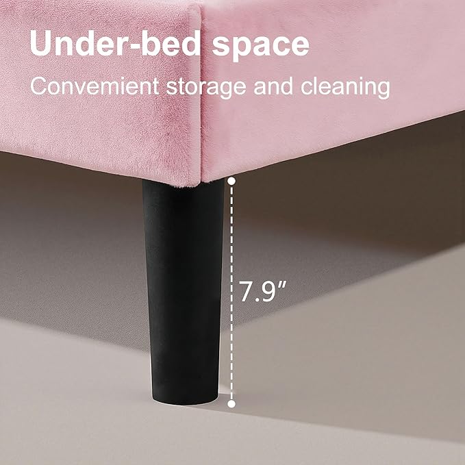 VECELO Queen Size Bed Frame with Velvet Upholstered Headboard, Platform Bedframe Mattress Foundation, Sturdy Wooden Slats Support,No Box Spring Needed Noise Free/Easy Assembly,Pink