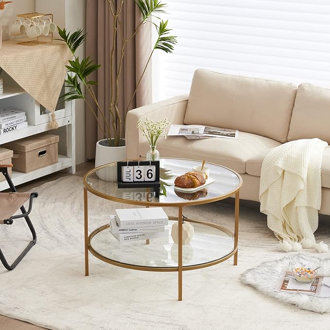 VINGLI Glass Coffee Table,30" Round Coffee Table Gold Coffee Tables for Living Room,2-Tier Glass Top Coffee Table with Storage Clear Coffee Table,Simple & Modern Center Table Mesa de Centro para Sala