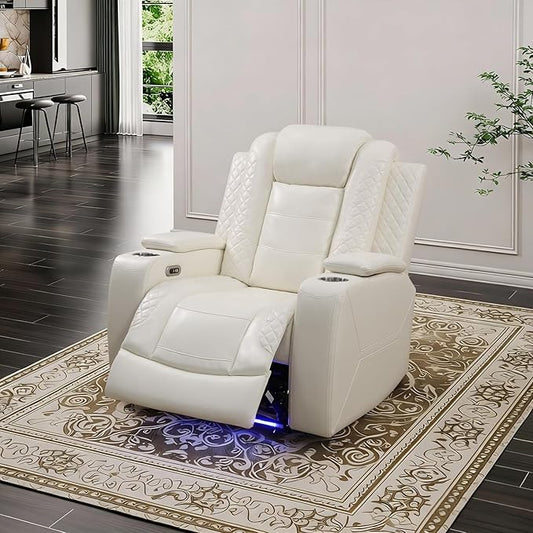 Power Leather Reclining Sofa Chair with LED Light for Adults,Single Recliner with USB Port/Storage,Leather Couch for Living Room Furniture Sets/RV Car/Home Theater/Office(1 Seat,Cream Stripes)