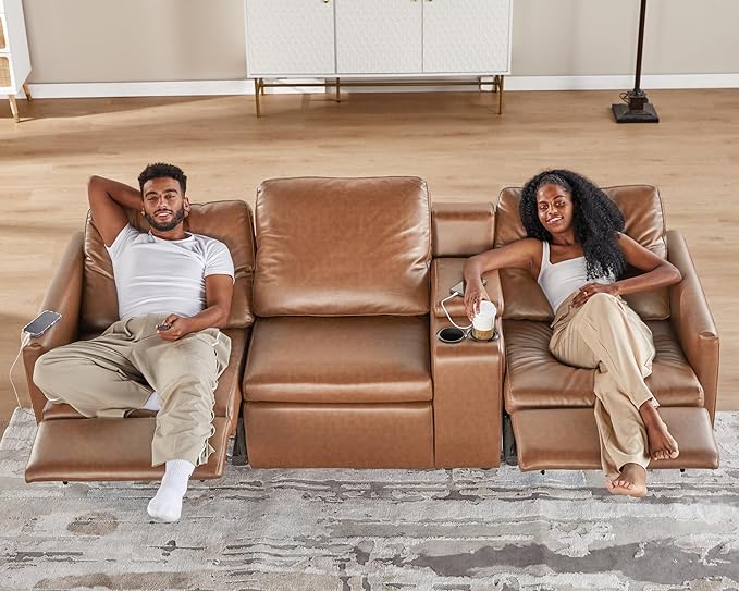 AMERLIFE 36.5” Power Recliner Chair, Single Electric Reclining Sofa with USB Charging Port, Leather Recliner for Living Room, Brown