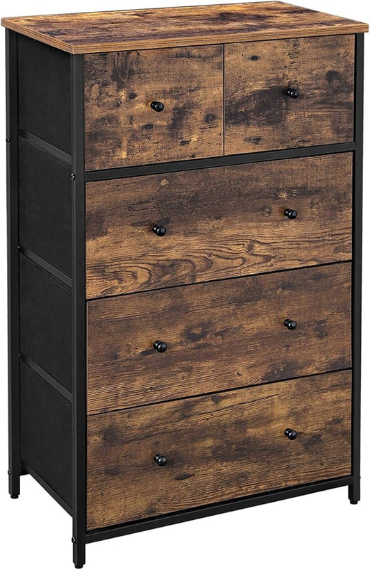 SONGMICS Drawer Dresser, Storage Dresser Tower with 5 Fabric Drawers, Wooden Front and Top, Industrial Style Dresser Unit, for Living Room, Hallway, Nursery, Brown and Black ULGS45H