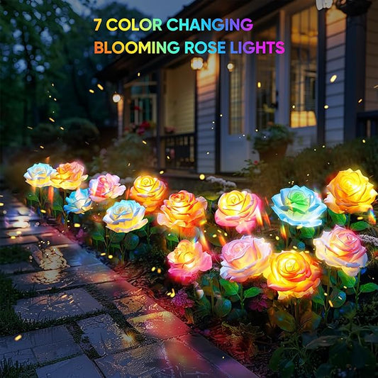6-Pack Solar Flowers Outdoor Waterproof - Solar Garden Lights with Rose, Solar Flower Lights for Outside Yard Decorations Outdoor